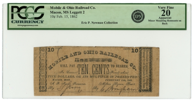 1862 Mobile & Ohio Railroad Company Macon Mississippi MS 10c Note PCGS 20 App.