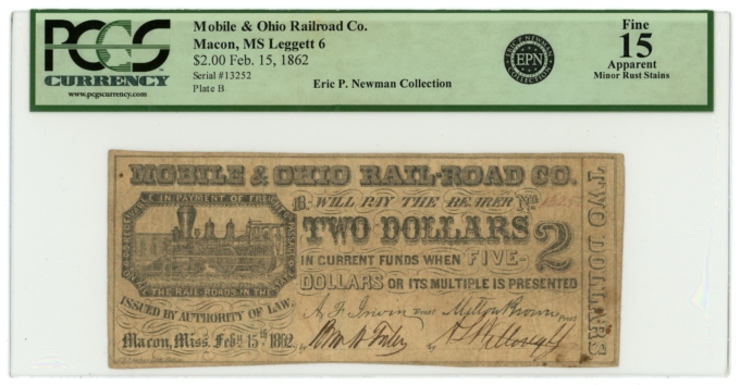 1862 Mobile & Ohio Railroad Company Macon Mississippi MS $2 Note PCGS 15 App.