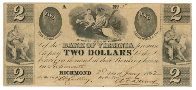 1862 Bank of Virginia Portsmouth VA $2 Obsolete Note No.5 Haxby UNL (64597)