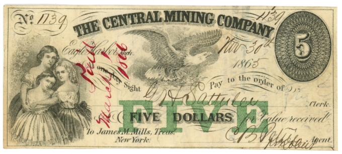 1865 Central Mining Company Eagle Harbor Michigan MI $5 Obsolete Note (64596)