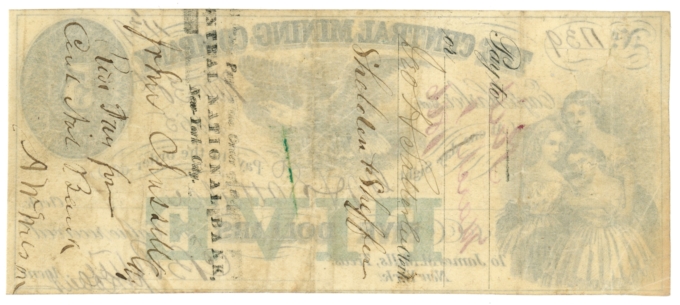 1865 Central Mining Company Eagle Harbor Michigan MI $5 Obsolete Note (64596)