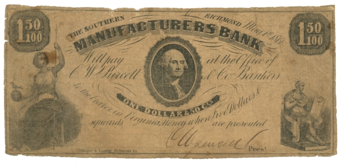 1861 Southern Manufacturers Bank Richmond Virginia VA $1.50 Obsolete (64599)
