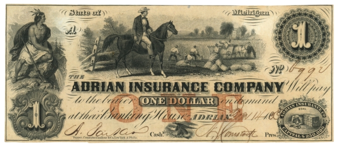 1853 Adrian Insurance Company Adrian Michigan MI $1 Obsolete Note (64598)