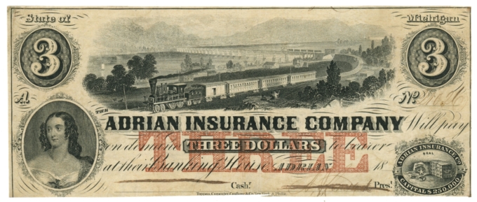 18XX Adrian Insurance Company Adrian Michigan MI $3 Obsolete Note (64600)