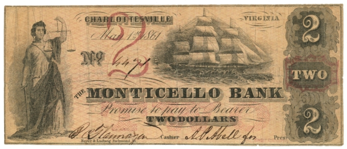 1861 Monticello Bank Charlottesville Virginia VA $2 Obsolete Note (64603)