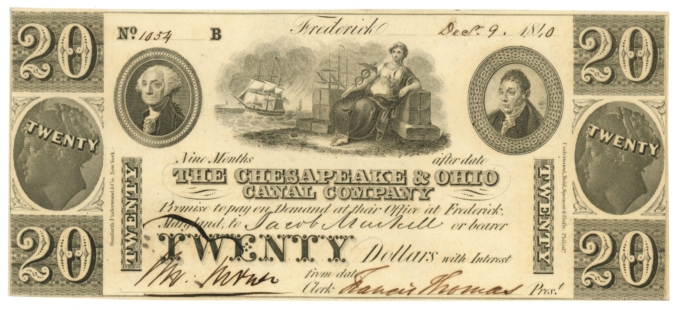 1840 Chesapeake & Ohio Canal Company Frederick Maryland MD $20 Obsolete (64602)