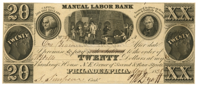 1838 Manual Labor Bank Philadelphia Pennsylvania PA $20 Obsolete - Elvis Note