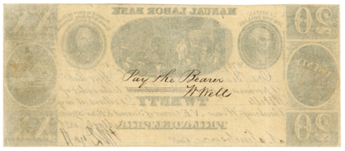 1838 Manual Labor Bank Philadelphia Pennsylvania PA $20 Obsolete - Elvis Note