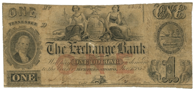 1853 Exchange Bank of Tennessee Murfreesboro TN $1 Obsolete Note (63638)