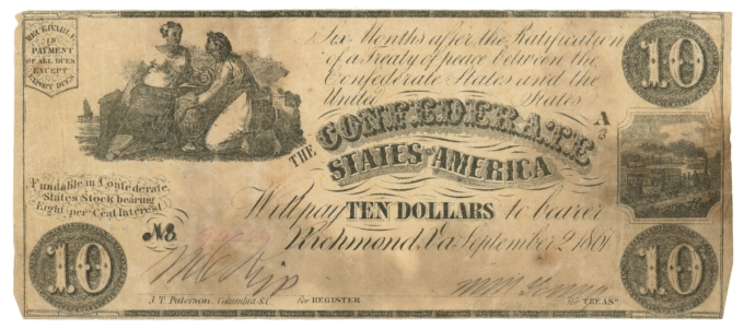 T-28 1861 Confederate States of America CSA $10 Note PF-9 CR-236 (64637)