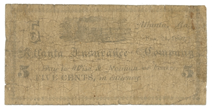 1862 Wise & Norman @ Atlanta Insurance Company Georgia GA 5c Obsolete 64640