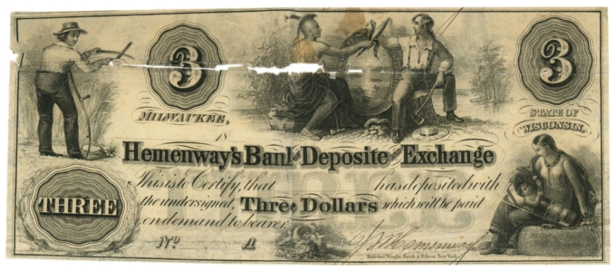 18XX Hemenway's Bank of Deposite & Exchange Milwaukee WI $3 Obsolete (64639)