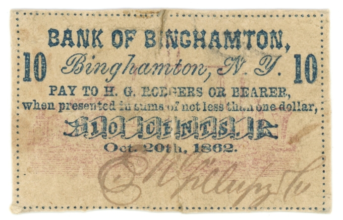 1862 Bank of Binghamton New York NY 10c Obsolete Scrip Harris UNL (64642)