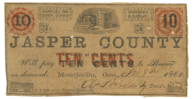 1862 Jasper County Monticello Georgia GA 10c Obsolete - Civil War Era (64641)
