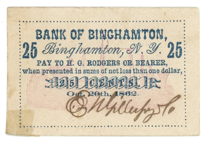 1862 Bank of Binghamton New York NY 25c Obsolete Scrip Harris UNL (64643)