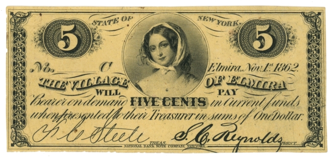 1862 Village of Elmira New York NY 5c Obsolete Note (64644)