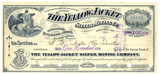 1897 Yellow Jacket Silver Mining Company Gold Hill Nevada Stock Certificate OZ