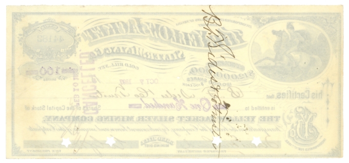 1897 Yellow Jacket Silver Mining Company Gold Hill Nevada Stock Certificate OZ