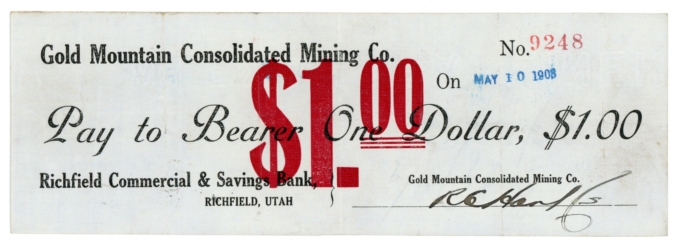 1908 Gold Mountain Consolidated Mining Co. Richfield Utah UT $1 Check (64646OZ)