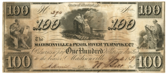 1839 Madisonville & Pearl River Turnpike Co. Mississippi MS $100 Obsolete 64647