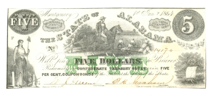 1864 State of Alabama Montgomery AL $5 Obsolete Civil War Era CR-15 (64648)