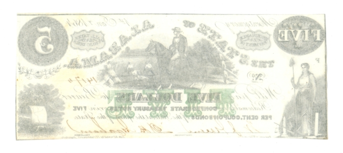 1864 State of Alabama Montgomery AL $5 Obsolete Civil War Era CR-15 (64648)