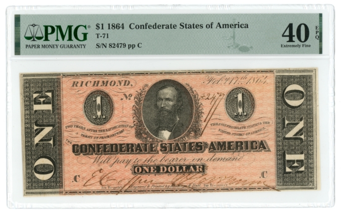 T-71 1864 Confederate States of America CSA PMG 40EPQ SUPERB COLOR & EYE APPEAL!