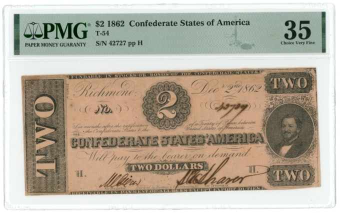 T-54 1862 Confederate States of America CSA $2 Note PF-11 CR-392 PMG VF 35 64658