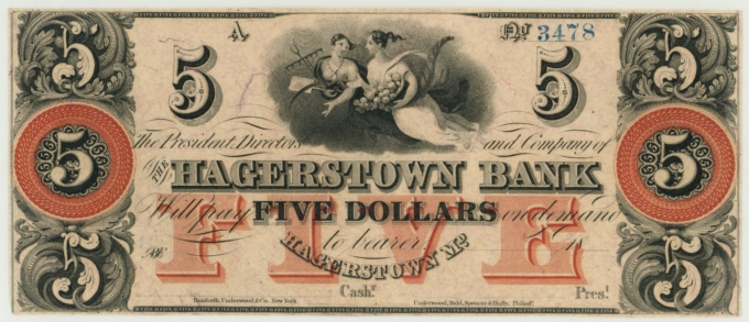 18XX Hagerstown Bank Maryland MD $5 Obsolete Note PCGS 63PPQ (64662)