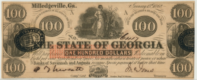 1862 State of Georgia Milledgeville GA $100 Obsolete Note PCGS UNC 63PPQ CR-1