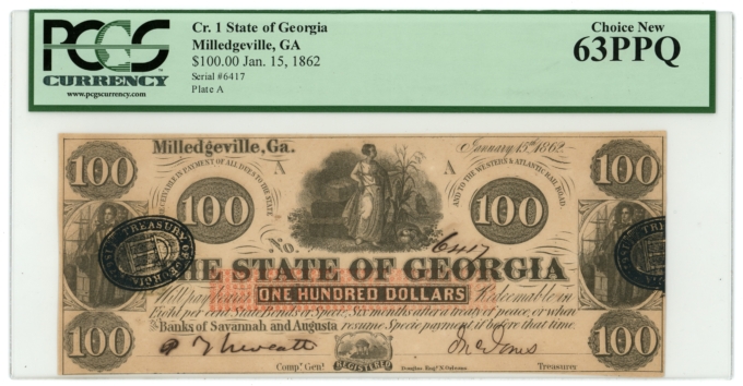 1862 State of Georgia Milledgeville GA $100 Obsolete Note PCGS UNC 63PPQ CR-1