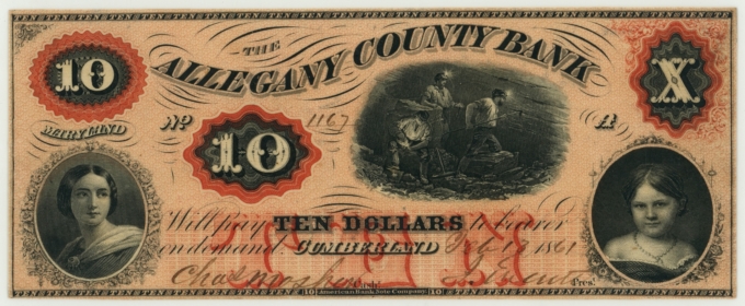 1861 Allegany County Bank Cumberland Maryland MD $10 Obsolete Note PCGS AU 58