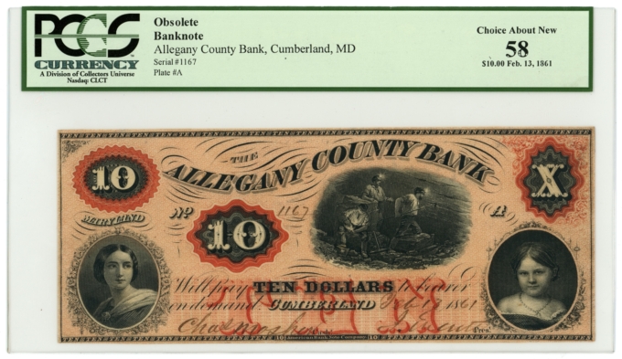 1861 Allegany County Bank Cumberland Maryland MD $10 Obsolete Note PCGS AU 58