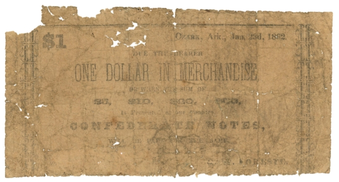 1862 G.W. Forester Ozark Arkansas $1 Obsolete Scrip Civil War Era Rothert UNL