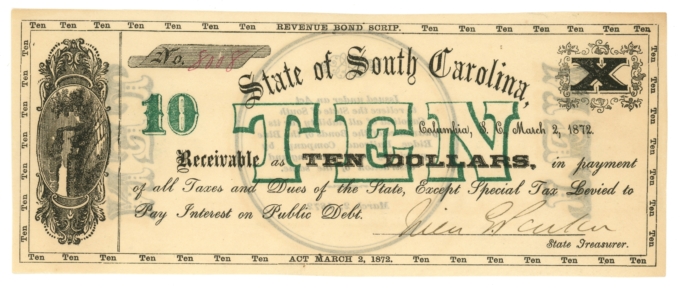 1872 State of South Carolina $10 Columbia SC No.8008 (L6031OZ)