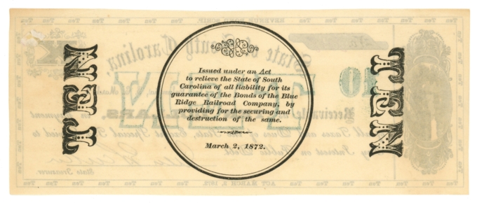 1872 State of South Carolina $10 Columbia SC No.8008 (L6031OZ)