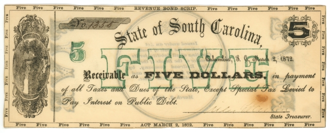 1872 State of South Carolina $5 Columbia SC No.1355 (L6033OZ)