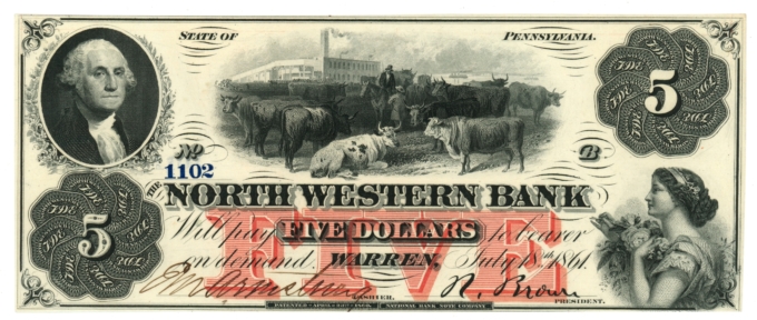 1861 North Western Bank Warren Pennsylvania PA $5 Obsolete - Red FIVE (64731)