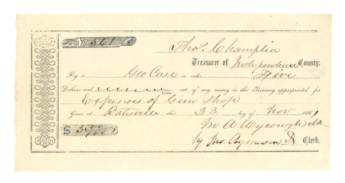 1861 Treasurer of Independence County Batesville Arkansas AR $5 Check UNL (OZ)