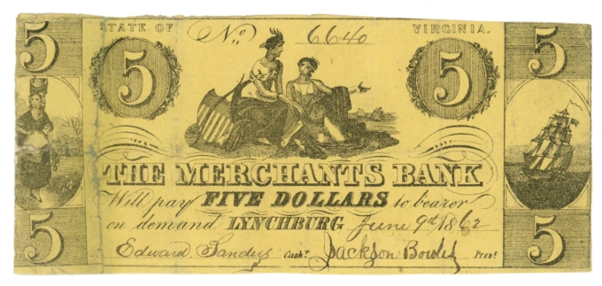 1862 Merchants Bank Lynchburg Virginia VA $5 Obsolete Note CTFT (64734)