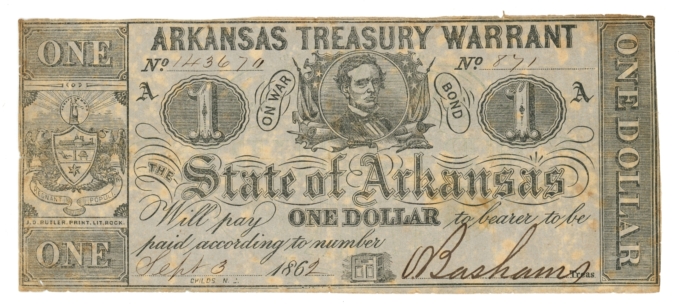 1862 Arkansas Treasury Warrant $1 Obsolete Note Civil War Era CR-30 (64733)