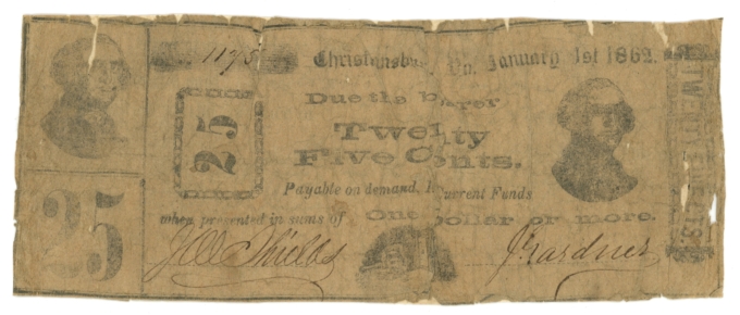 1862 Shields & Gardner Christiansburg Virginia VA 25c Obsolete Merchant Scrip