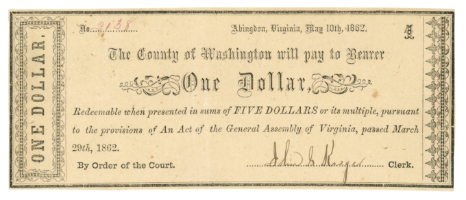 1862 County of Washington Abingdon Virginia VA $1 Obsolete Note - Civil War Era