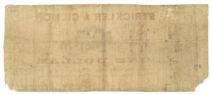 1861 Strickler & Gilmor Monterey Virginia VA $1 Obsolete Merchant Scrip (64737)