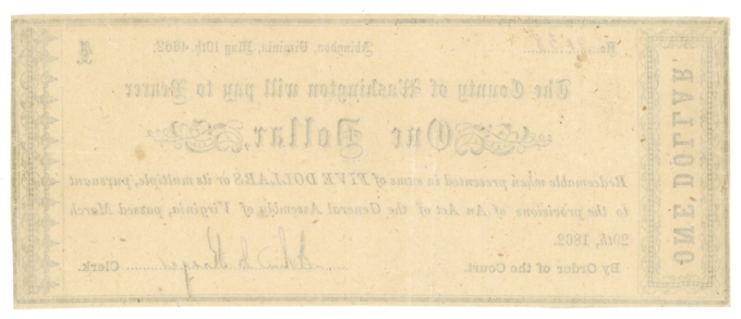 1862 County of Washington Abingdon Virginia VA $1 Obsolete Note - Civil War Era