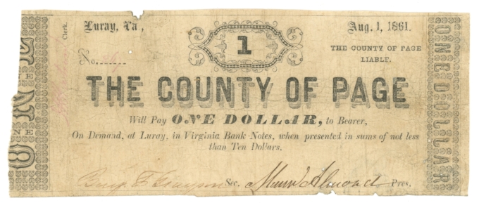 1861 County of Page Luray Virginia VA $1 Obsolete Note - Civil War Era (64740)