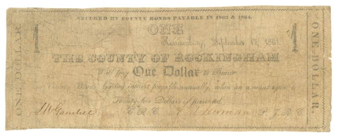 1861 County of Rockingham Harrisonburg Virginia VA $1 Obsolete Civil War Era