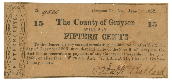 1862 County of Grayson Virginia VA 15c Obsolete Note - Civil War Era (64741)