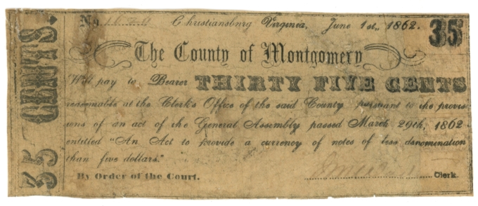 1862 County of Montgomery Christiansburg Virginia VA 35c Obsolete Civil War Era