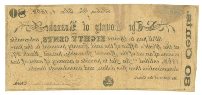 1862 County of Roanoke Salem Virginia VA 80c Obsolete Note - Civil War Era 64743